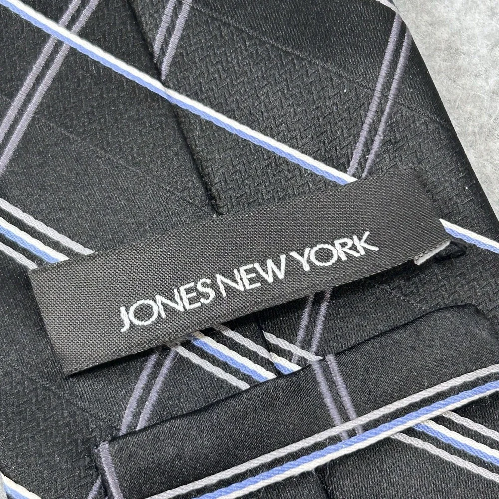 Jones New York Silk Tie Black Blue Gray Plaid Windowpane Woven 59